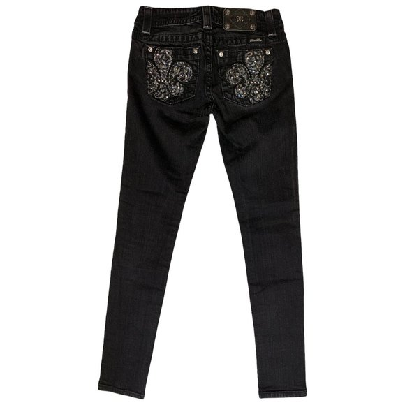 Miss Me 'Mid-Rise Skinny' Womens Jeans Tag 27 Black W28xL33 Sequins Fleur de Lis - Picture 2 of 12